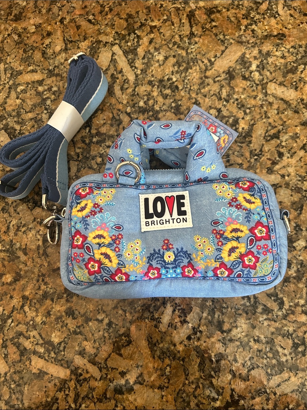 Brighton Denim Blue Floral LOVE Crossbody Bag